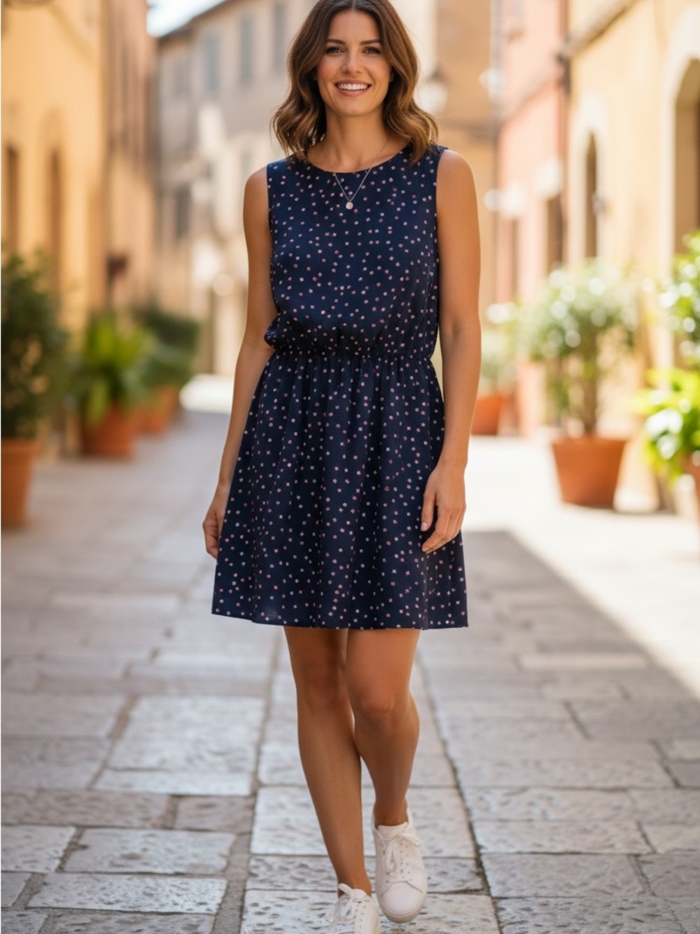 CATHERINE MALANDRINO Navy Sleeveless Floral Drawstring Dress size medium